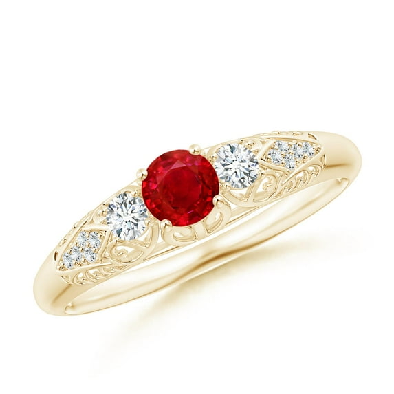 ANGARA Natural Aeon Vintage Style Ruby and Diamond Three Stone Engagement Ring in 14K Yellow Gold for Women (Size-4mm) | July Birthstone, Anniversary, Jewelry Gift for Women | Natural Ruby Ring