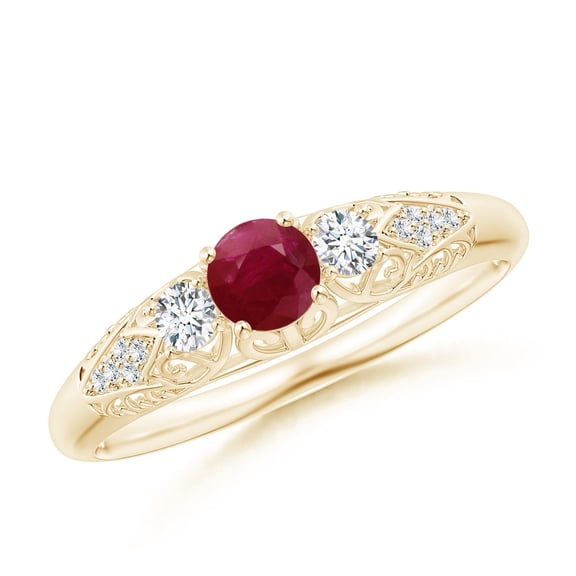 ANGARA Natural Aeon Vintage Style Ruby and Diamond Three Stone Engagement Ring in 14K Yellow Gold for Women (Size-4mm) | July Birthstone, Anniversary, Jewelry Gift for Women | Natural Ruby Ring