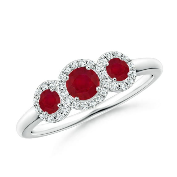 ANGARA Natural Round Ruby Three Stone Halo Ring with Diamonds in 14K White Gold for Women (Size-4mm) | July Birthstone, Birthday, Anniversary, Jewelry Gift for Women | Natural Ruby Ring