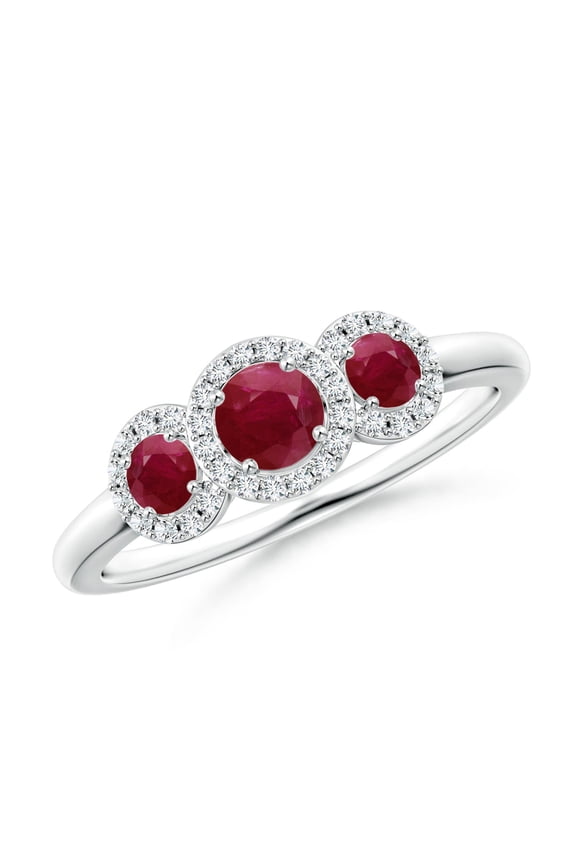 Natural Round Ruby Three Stone Halo Ring with Diamonds in 14K White Gold for Women (Size-4mm) | July Birthstone, Birthday, Anniversary, Jewelry Gift for Women | Natural Ruby Ring