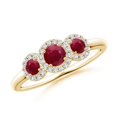 thumbnail image 1 of ANGARA Natural Round Ruby Three Stone Halo Ring with Diamonds in 14K Yellow Gold for Women (Size-4mm) | July Birthstone, Birthday, Anniversary, Jewelry Gift for Women | Natural Ruby Ring, 1 of 8