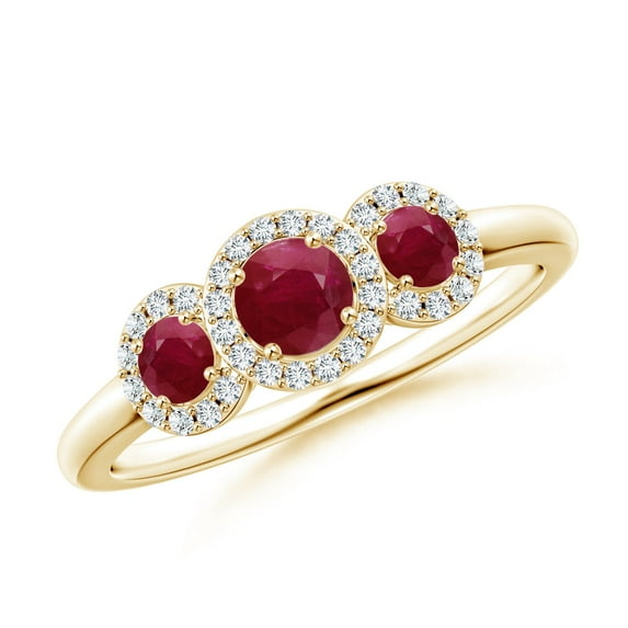 ANGARA Natural Round Ruby Three Stone Halo Ring with Diamonds in 14K Yellow Gold for Women (Size-4mm) | July Birthstone, Birthday, Anniversary, Jewelry Gift for Women | Natural Ruby Ring