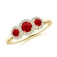 thumbnail image 1 of ANGARA Natural Round Ruby Three Stone Halo Ring with Diamonds in 14K Yellow Gold for Women (Size-4mm) | July Birthstone, Birthday, Anniversary, Jewelry Gift for Women | Natural Ruby Ring, 1 of 9
