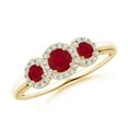 thumbnail image 1 of ANGARA Natural Round Ruby Three Stone Halo Ring with Diamonds in 14K Yellow Gold for Women (Size-4mm) | July Birthstone, Birthday, Anniversary, Jewelry Gift for Women | Natural Ruby Ring, 1 of 9