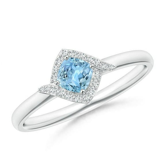 ANGARA Natural Cushion Aquamarine and Diamond Halo Promise Ring in 925 Sterling Silver for Women (Size-4mm) | March Birthstone, Birthday, Anniversary, Jewelry Gift for Women | Natural Aquamarine Ring
