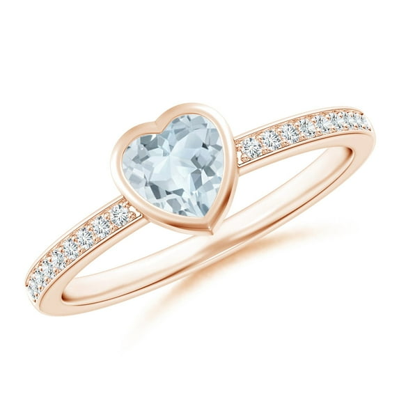 ANGARA Natural Bezel Heart Aquamarine Promise Ring with Diamond Accents in 14K Rose Gold for Women (Size-5mm) | March Birthstone, Anniversary, Jewelry Gift for Women | Natural Aquamarine Ring