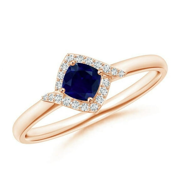 ANGARA Natural Cushion Blue Sapphire and Diamond Halo Promise Ring in 14K Rose Gold for Women (Size-4mm) | September Birthstone, Anniversary, Jewelry Gift for Women | Natural Blue Sapphire Ring