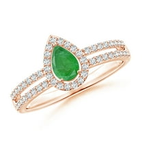 ANGARA Natural Pear Emerald and Diamond Halo Split Shank Ring in 14K Rose Gold for Women (Size-6x4mm) | May Birthstone, Birthday, Anniversary, Jewelry Gift for Women | Natural Emerald Ring