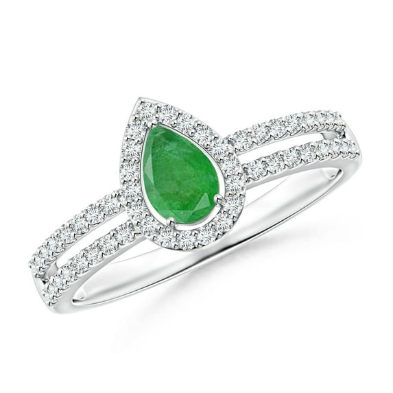 ANGARA Natural Pear Emerald and Diamond Halo Split Shank Ring in 14K White Gold for Women (Size-6x4mm) | May Birthstone, Birthday, Anniversary, Jewelry Gift for Women | Natural Emerald Ring