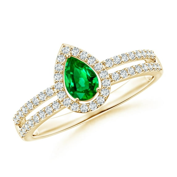 ANGARA Natural Pear Emerald and Diamond Halo Split Shank Ring in 14K Yellow Gold for Women (Size-6x4mm) | May Birthstone, Birthday, Anniversary, Jewelry Gift for Women | Natural Emerald Ring