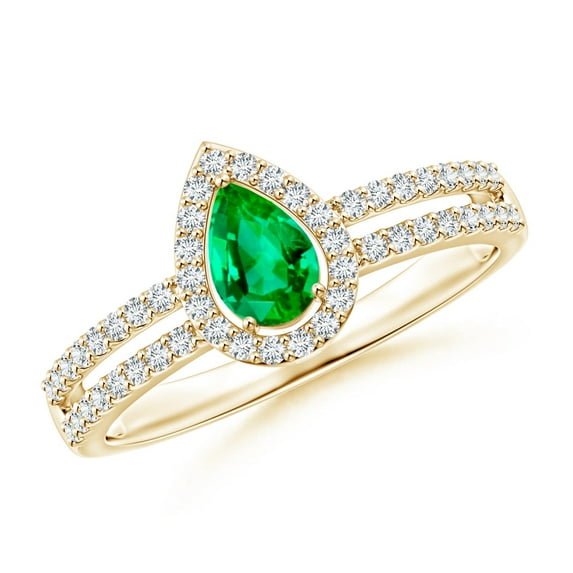 ANGARA Natural Pear Emerald and Diamond Halo Split Shank Ring in 14K Yellow Gold for Women (Size-6x4mm) | May Birthstone, Birthday, Anniversary, Jewelry Gift for Women | Natural Emerald Ring