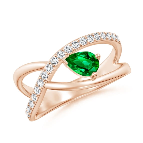 ANGARA Natural Criss Cross Pear Shaped Emerald Ring with Diamond Accents in 14K Rose Gold for Women (Size-6x4mm) | May Birthstone, Birthday, Anniversary, Jewelry Gift for Women | Natural Emerald Ring