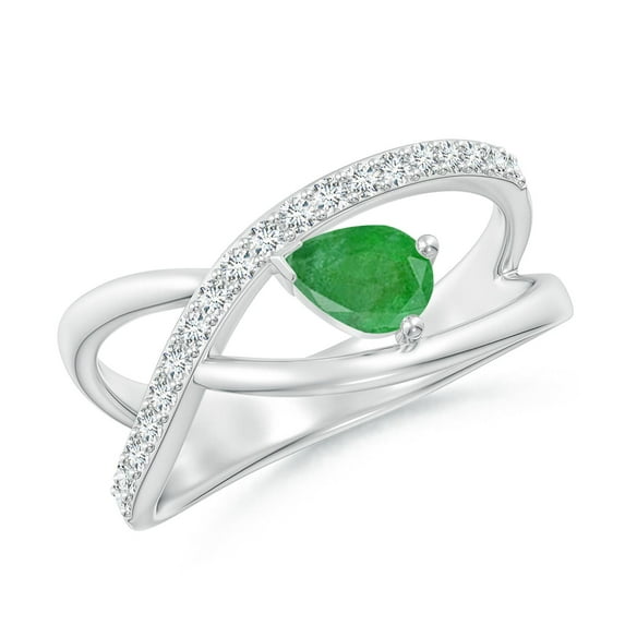 ANGARA Natural Criss Cross Pear Shaped Emerald Ring with Diamond Accents in 14K White Gold for Women (Size-6x4mm) | May Birthstone, Anniversary, Jewelry Gift for Women | Natural Emerald Ring