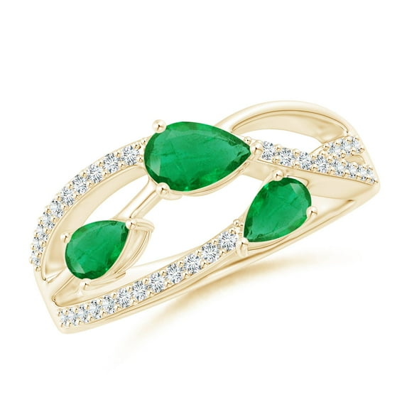 ANGARA Natural Three-Stone Pear Emerald Criss-Cross Ring in 14K Yellow Gold for Women (Size-6x4mm) | May Birthstone, Birthday, Anniversary, Jewelry Gift for Women | Natural Emerald Ring