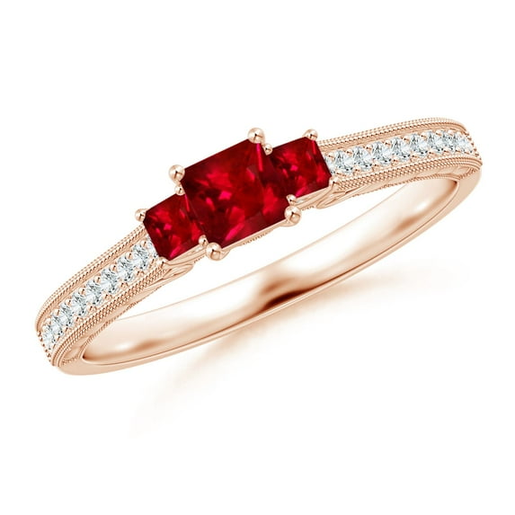 ANGARA Natural Aeon Square Ruby Three Stone Engagement Ring with Milgrain in 14K Rose Gold for Women (Size-3.5mm) | July Birthstone, Anniversary, Jewelry Gift for Women | Natural Ruby Ring