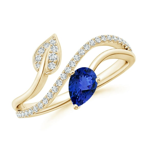 ANGARA Natural Tanzanite and Diamond Bypass Ring with Leaf Motif in 14K Yellow Gold for Women (Size-6x4mm) | December Birthstone, Anniversary, Jewelry Gift for Women | Natural Tanzanite Ring