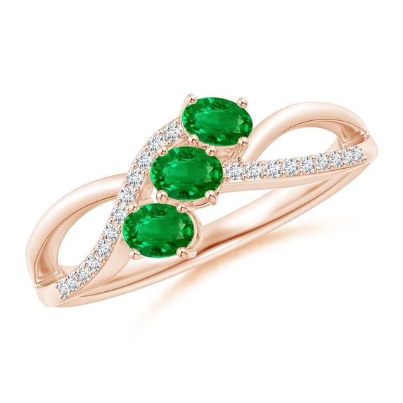 ANGARA Natural Oval Emerald Three Stone Bypass Ring with Diamonds in 14K Rose Gold for Women (Size-4x3mm) | May Birthstone, Birthday, Anniversary, Jewelry Gift for Women | Natural Emerald Ring
