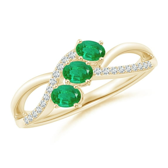 ANGARA Natural Oval Emerald Three Stone Bypass Ring with Diamonds in 14K Yellow Gold for Women (Size-4x3mm) | May Birthstone, Birthday, Anniversary, Jewelry Gift for Women | Natural Emerald Ring
