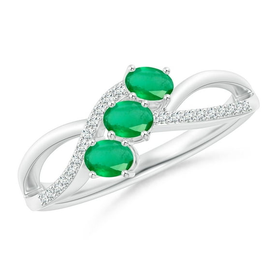 ANGARA Natural Oval Emerald Three Stone Bypass Ring with Diamonds in 925 Sterling Silver for Women (Size-4x3mm) | May Birthstone, Birthday, Anniversary, Jewelry Gift for Women | Natural Emerald Ring