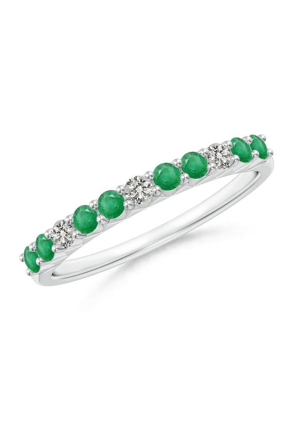Natural Round Emerald and Diamond Half Eternity Wedding Ring in 14K White Gold for Women (Size-2mm) | May Birthstone, Birthday, Anniversary, Jewelry Gift for Women | Natural Emerald Ring