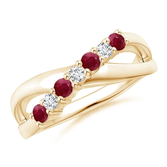 ANGARA Natural Round Ruby and Diamond Crossover Ring in 14K Yellow Gold for Women (Size-2.5mm) | July Birthstone, Birthday, Anniversary, Jewelry Gift for Women | Natural Ruby Ring