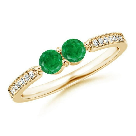 ANGARA Natural Vintage Inspired Two Stone Emerald Ring with Diamonds in 14K Yellow Gold for Women (Size-3.7mm) | May Birthstone, Birthday, Anniversary, Jewelry Gift for Women | Natural Emerald Ring