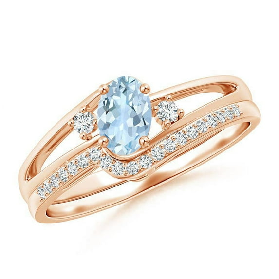 ANGARA Natural Oval Aquamarine and Diamond Bridal Set in 14K Rose Gold for Women (Size-6x4mm) | March Birthstone, Birthday, Anniversary, Jewelry Gift for Women | Natural Aquamarine Ring