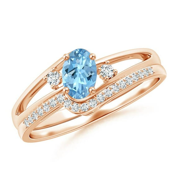 ANGARA Natural Oval Aquamarine and Diamond Bridal Set in 14K Rose Gold for Women (Size-6x4mm) | March Birthstone, Birthday, Anniversary, Jewelry Gift for Women | Natural Aquamarine Ring