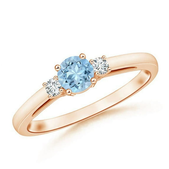 ANGARA Natural Round Aquamarine & Diamond Three Stone Engagement Ring in 14K Rose Gold for Women (Size-5mm) | March Birthstone, Birthday, Anniversary, Jewelry Gift for Women | Natural Aquamarine Ring