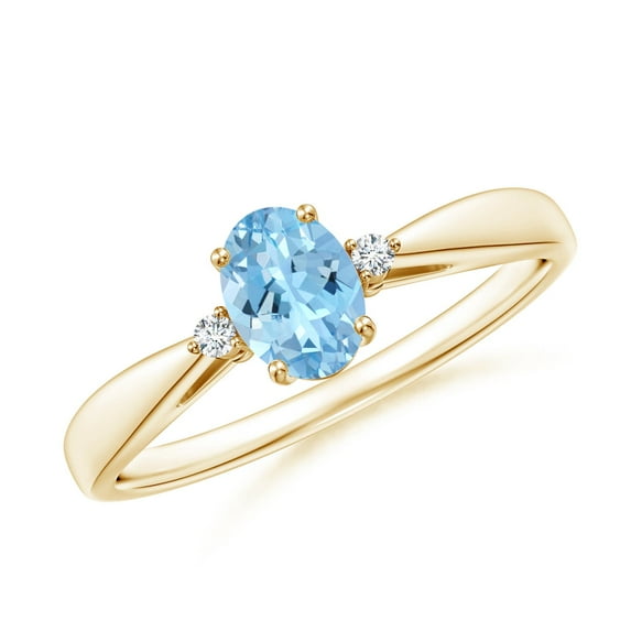 ANGARA Natural Tapered Shank Aquamarine Solitaire Ring with Diamond Accents in 14K Yellow Gold for Women (Size-6x4mm) | March Birthstone, Anniversary, Jewelry Gift for Women | Natural Aquamarine Ring