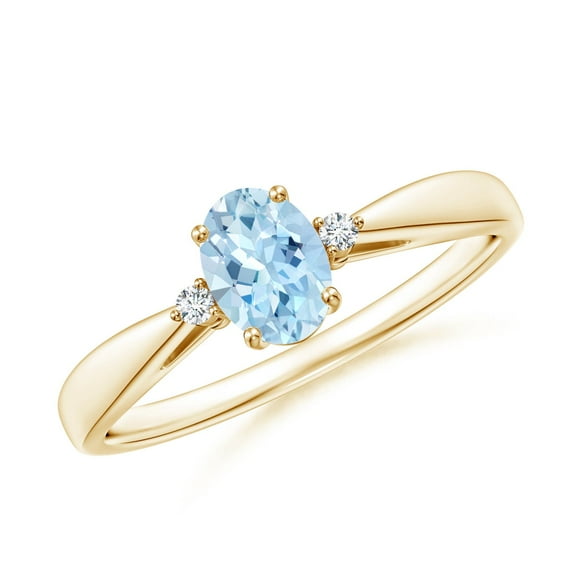 ANGARA Natural Tapered Shank Aquamarine Solitaire Ring with Diamond Accents in 14K Yellow Gold for Women (Size-6x4mm) | March Birthstone, Anniversary, Jewelry Gift for Women | Natural Aquamarine Ring