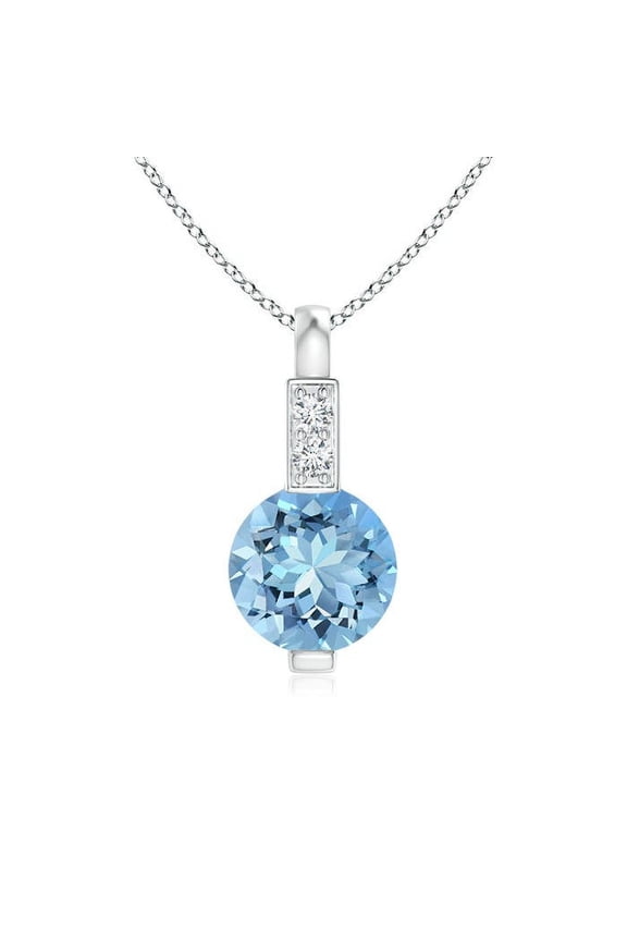 Natural Round Aquamarine Solitaire Pendant with Diamond Bale in 14K White Gold for Women (Size-5mm) | March Birthstone, Anniversary, Jewelry Gift for Women | Natural Aquamarine Necklace