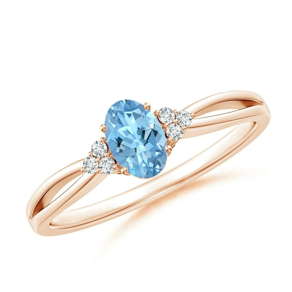 ANGARA Natural Solitaire Oval Aquamarine Split Shank Ring with Trio Diamonds in 14K Rose Gold for Women (Size-6x4mm) | March Birthstone, Anniversary, Jewelry Gift for Women | Natural Aquamarine Ring