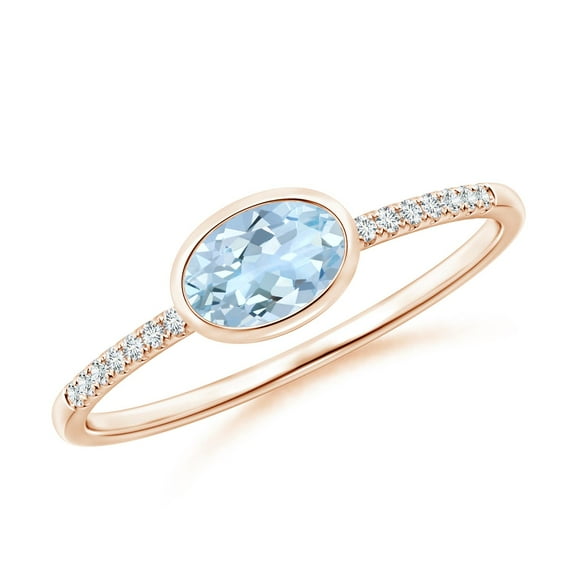 ANGARA Natural East-West Bezel-Set Oval Aquamarine and Diamond Ring in 14K Rose Gold for Women (Size-6x4mm) | March Birthstone, Birthday, Anniversary, Jewelry Gift for Women | Natural Aquamarine Ring