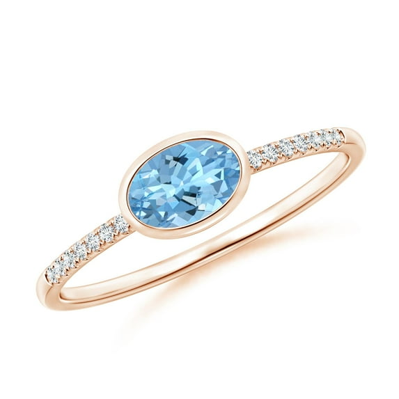 ANGARA Natural East-West Bezel-Set Oval Aquamarine and Diamond Ring in 14K Rose Gold for Women (Size-6x4mm) | March Birthstone, Birthday, Anniversary, Jewelry Gift for Women | Natural Aquamarine Ring
