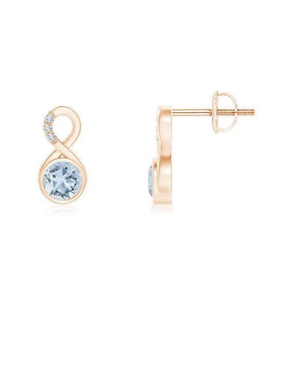Natural Bezel-Set Aquamarine Infinity Stud Earrings with Diamonds in 14K Rose Gold for Women (Size-4mm) | March Birthstone, Anniversary, Jewelry Gift for Women | Natural Aquamarine Earrings