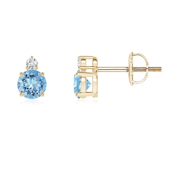 ANGARA Natural Basket-Set Round Aquamarine Stud Earrings with Diamond in 14K Yellow Gold for Women (Size-4mm) | March Birthstone, Anniversary, Jewelry Gift for Women | Natural Aquamarine Earrings