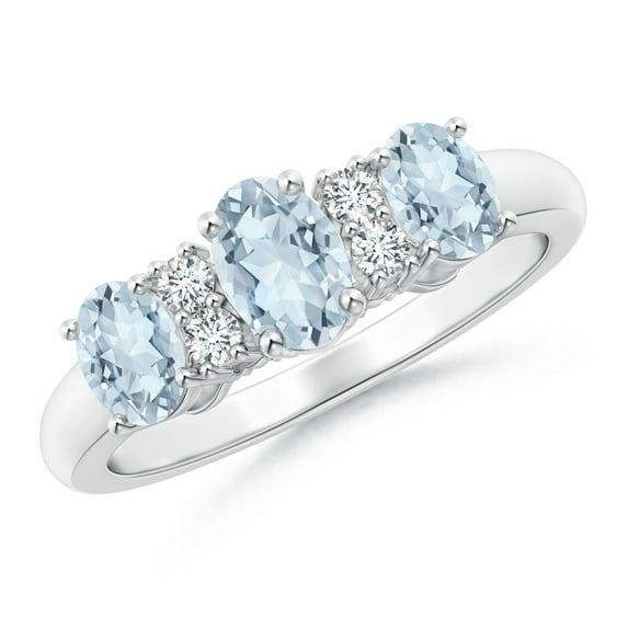 ANGARA Natural Oval Three Stone Aquamarine Engagement Ring with Diamonds in 14K White Gold for Women (Size-6x4mm) | March Birthstone, Anniversary, Jewelry Gift for Women | Natural Aquamarine Ring