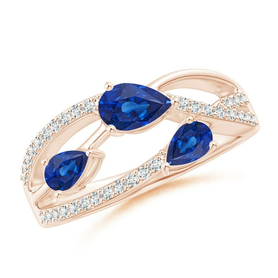 ANGARA Natural Three-Stone Pear Sapphire Criss-Cross Ring in 14K Rose Gold for Women (Size-6x4mm) | September Birthstone, Birthday, Anniversary, Jewelry Gift for Women | Natural Blue Sapphire Ring