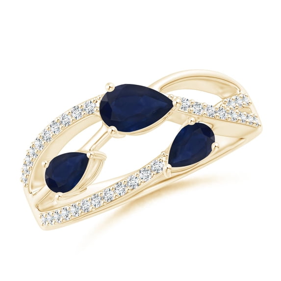 ANGARA Natural Three-Stone Pear Sapphire Criss-Cross Ring in 14K Yellow Gold for Women (Size-6x4mm) | September Birthstone, Birthday, Anniversary, Jewelry Gift for Women | Natural Blue Sapphire Ring