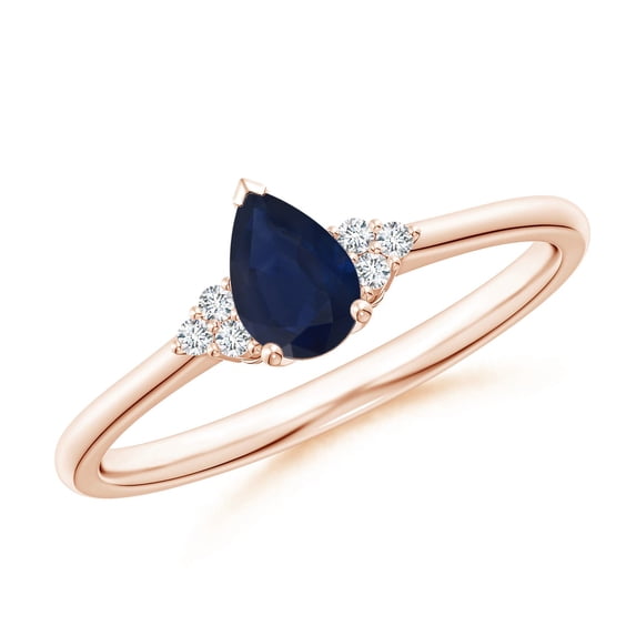 ANGARA Natural Pear Sapphire Solitaire Ring with Trio Diamond Accents in 14K Rose Gold for Women (Size-6x4mm) | September Birthstone, Anniversary, Jewelry Gift for Women | Natural Blue Sapphire Ring