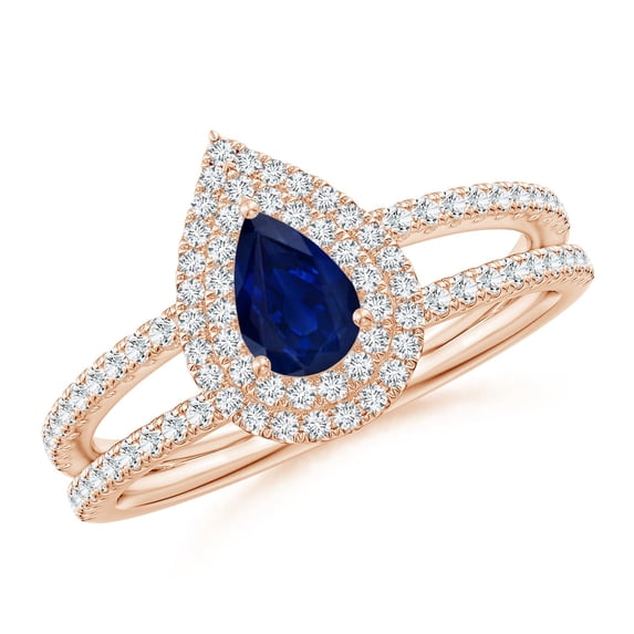 ANGARA Natural Split Shank Pear Sapphire and Diamond Double Halo Ring in 14K Rose Gold for Women (Size-6x4mm) | September Birthstone, Anniversary, Jewelry Gift for Women | Natural Blue Sapphire Ring