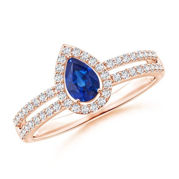 ANGARA Natural Blue Sapphire and Diamond Halo Split Shank Engagement Ring in 14K Rose Gold for Women (Size-6x4mm) | September Birthstone, Anniversary, Jewelry Gift for Women | Natural Sapphire Ring