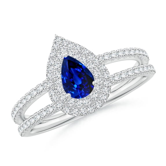 ANGARA Natural Split Shank Pear Sapphire and Diamond Double Halo Ring in 14K White Gold for Women (Size-6x4mm) | September Birthstone, Anniversary, Jewelry Gift for Women | Natural Blue Sapphire Ring