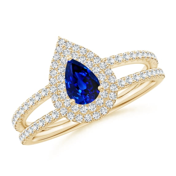 ANGARA Natural Split Shank Pear Sapphire and Diamond Double Halo Ring in 14K Yellow Gold for Women (Size-6x4mm) | September Birthstone, Anniversary, Jewelry Gift for Women | Natural Sapphire Ring