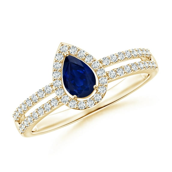 ANGARA Natural Blue Sapphire and Diamond Halo Split Shank Engagement Ring in 14K Yellow Gold for Women (Size-6x4mm) | September Birthstone, Anniversary, Jewelry Gift for Women | Natural Sapphire Ring