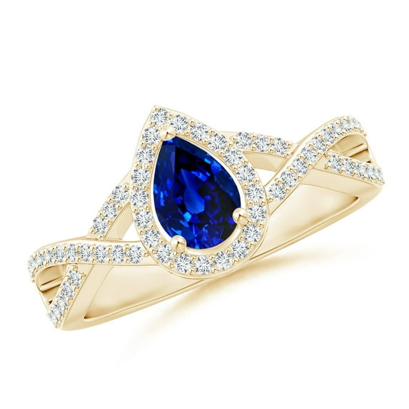 ANGARA Natural Twist Shank Pear Blue Sapphire Ring with Diamond Halo in 14K Yellow Gold for Women (Size-6x4mm) | September Birthstone, Anniversary, Jewelry Gift for Women | Natural Blue Sapphire Ring
