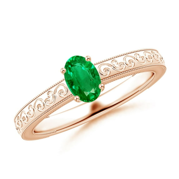 ANGARA Natural Vintage Inspired Oval Emerald Ring with Engraved Shank in 14K Rose Gold for Women (Size-6x4mm) | May Birthstone, Birthday, Anniversary, Jewelry Gift for Women | Natural Emerald Ring
