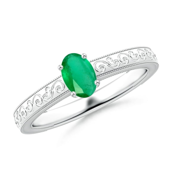 ANGARA Natural Vintage Inspired Oval Emerald Ring with Engraved Shank in 14K White Gold for Women (Size-6x4mm) | May Birthstone, Birthday, Anniversary, Jewelry Gift for Women | Natural Emerald Ring