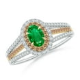 thumbnail image 1 of ANGARA Natural Emerald & Coffee Diamond Double Halo Ring in Two Tone Gold in 14K White & Yellow Gold for Women (Size-6x4mm) | May Birthstone, Anniversary Jewelry Gift for Women | Natural Emerald Ring, 1 of 9